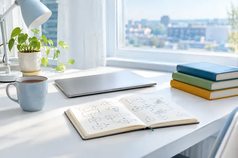 Bureau d’autodidacte au petit matin avec carnet de schémas, livres colorés et tasse de thé