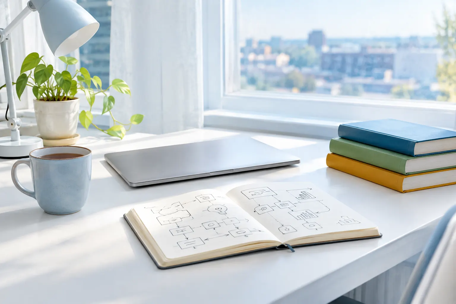 Bureau d’autodidacte au petit matin, carnet de schémas et livres colorés pour apprendre le SEO seul