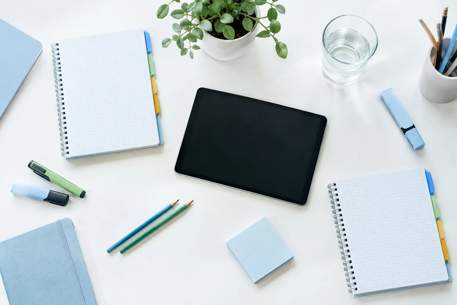 Table d’atelier préparée pour une formation SEO avec carnets quadrillés, onglets colorés et crayons