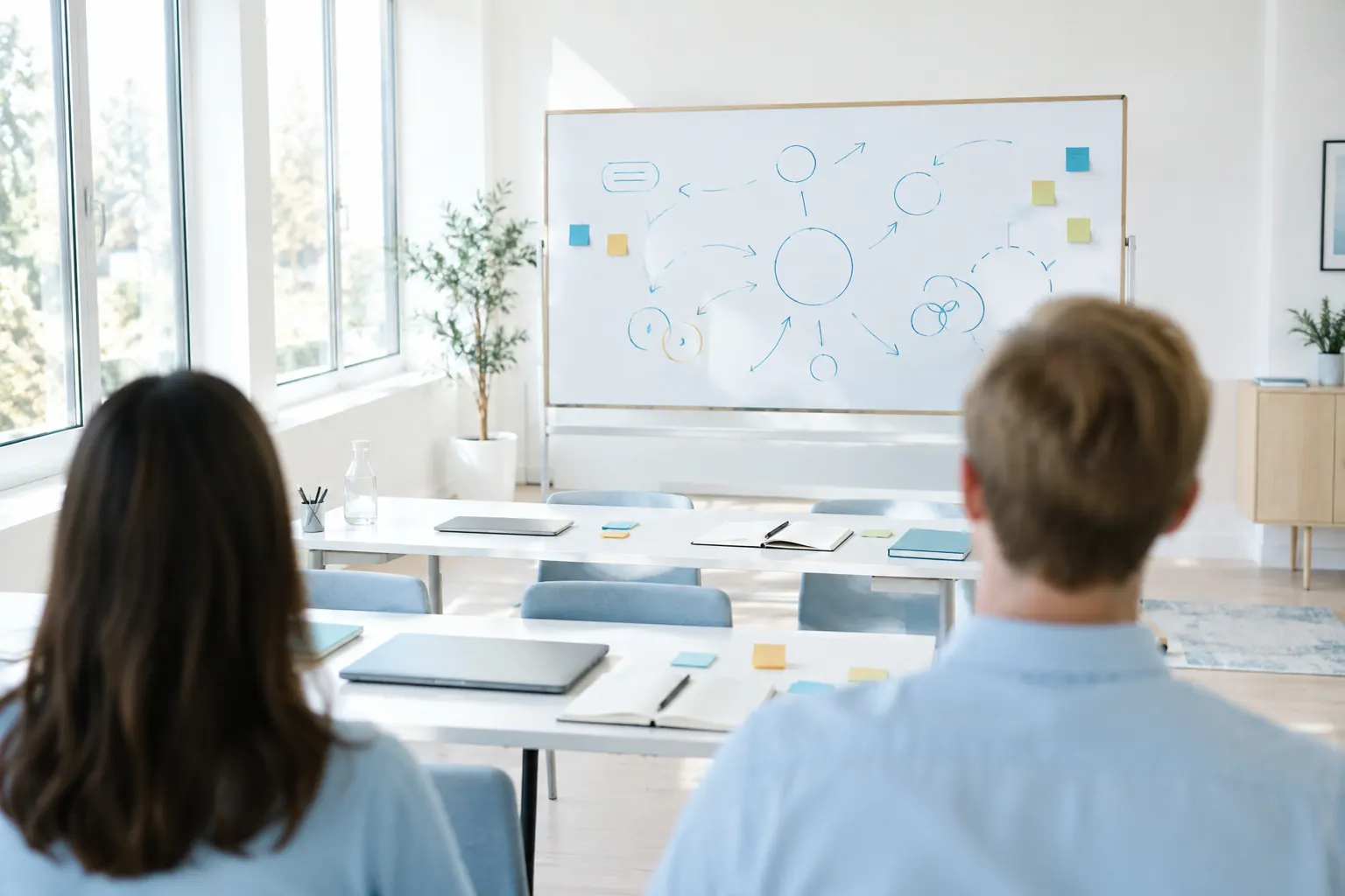 Salle de formation lumineuse avec tables blanches, carnets ouverts et notes bleues, vertes et ambre